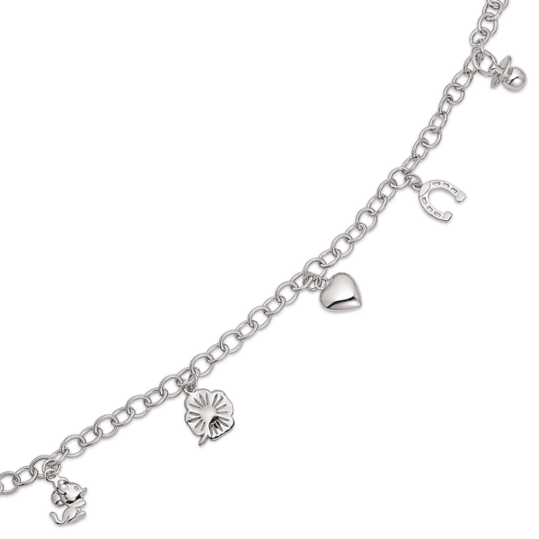Sølv armbånd rhodineret runde ringe med 5 charms Længde 16 cm.