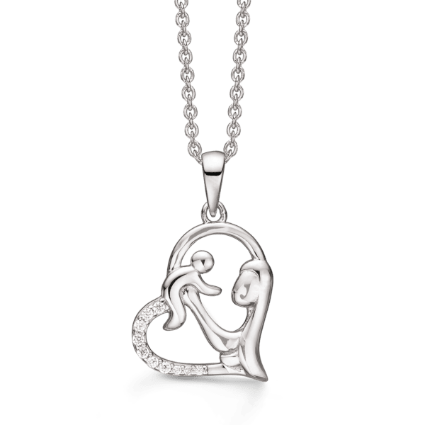 Mor barn halskæde med hjerte i sølv, med facetslebet zirkonia sten