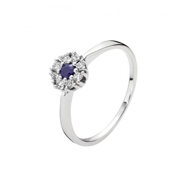 Guld ring med safir 3mm og diamanter 0,20CT W.SI hvidguld 585