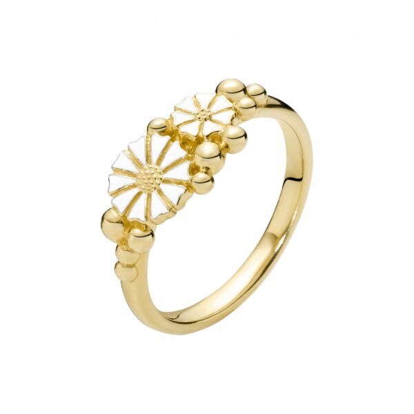 Marguerit ring med kugler 1x5mm og 1x7,5mm 24kt forgyldt hvid emajle 925