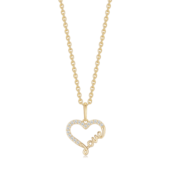 8 kt. Guld hjerte halskæde med Cubic Zirconia og 'Love' - Sølvforgyldt Kæde 42-45 cm