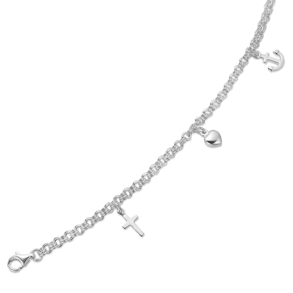 Sølv armbånd tro, håb og kærlighed på dobbelt ærtekæde. Længde 15 cm.