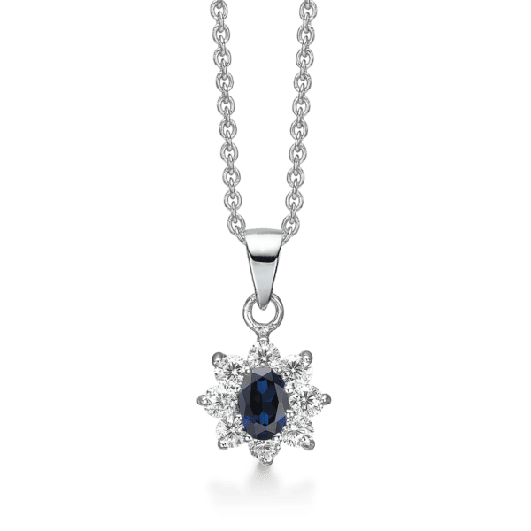 Sølv halskæde oval syntetisk safir med 8 zirkonia omkring. 42-45 cm.