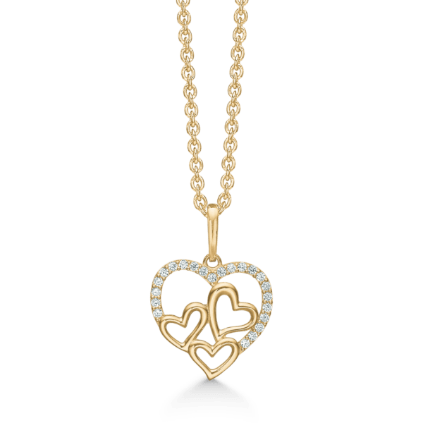 Hjerte halskæde 8 karat guld sten i toppen 3 små hjerter 42-45 cm