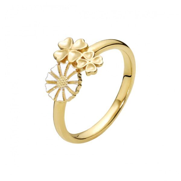 Marguerit ring 7,5 mm firkløver 24kt forgyldt hvid emajle 925