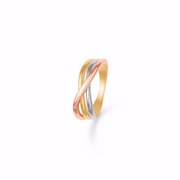 Guld ring 3-farvet og 3-delt med overlap i guld, hvidguld og rødguld 8kt.