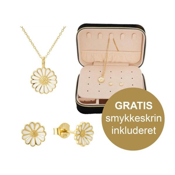 Copenhagen smykker Marguerit smykkesæt halskæde og ørestikker + GRATIS smykkeskrin 18 karat guld belagt